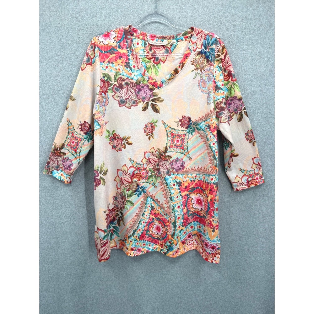 Soft Surroundings Top Women Large Multicolor Floral Paisley V-Neck 3/4 Sleeve